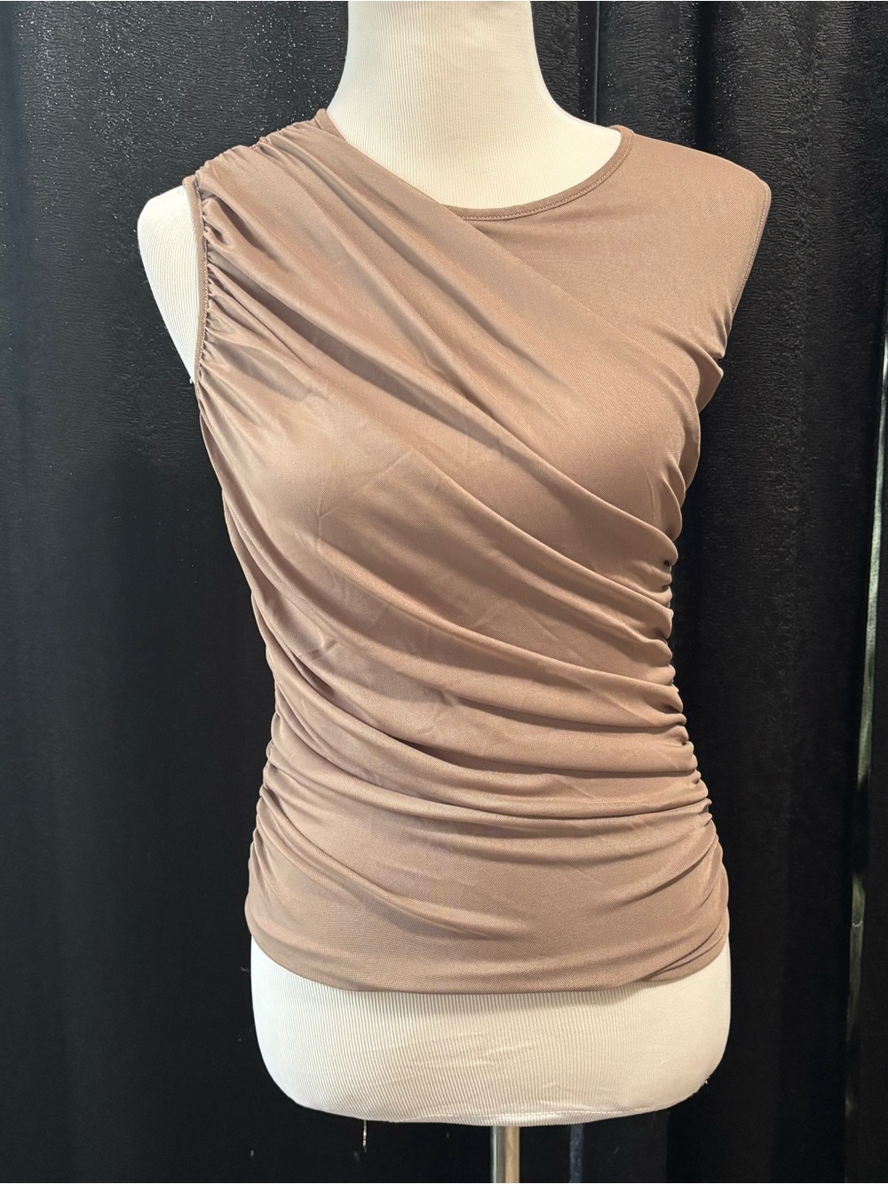 LOFT Ruched One-Shoulder Tank in Taupe